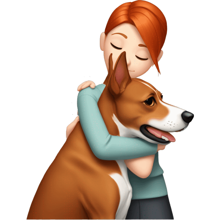 Red-haired girl hugs Basenji emoji