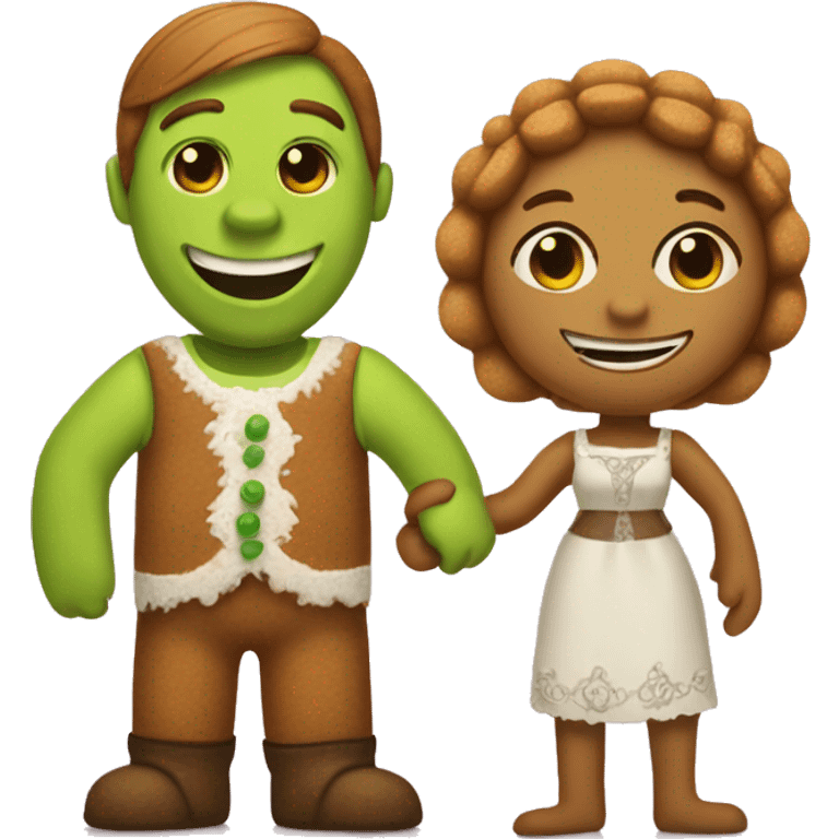  a gingerbread man and shrek holding han emoji