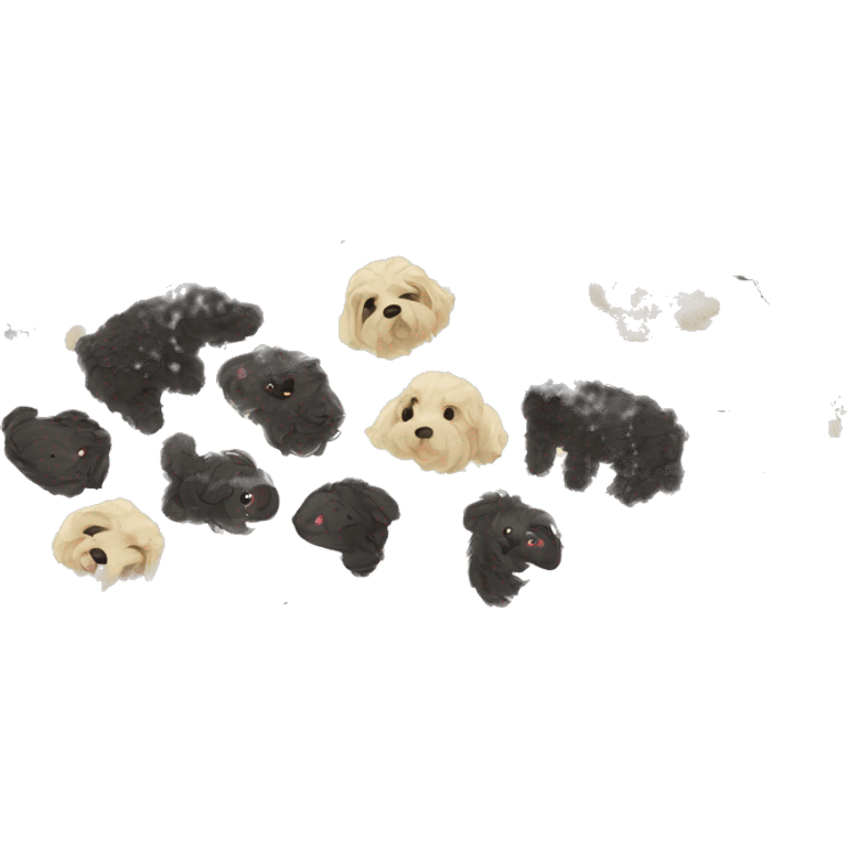 1 Black goldendoodle, 1 black goldendoodle with white patch on chest, 1 cream golden doodle,  1 black white mini Sheepadoodle emoji