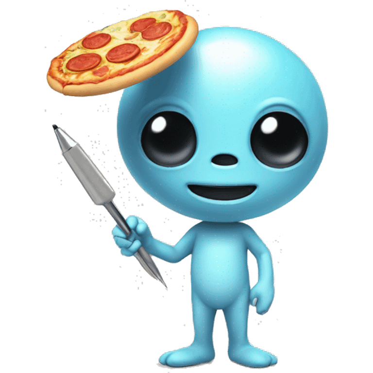 cute alien holding pen and pizza emoji