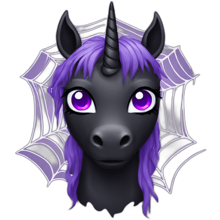 Spooky black unicorn with purple eye and white spider webs emoji