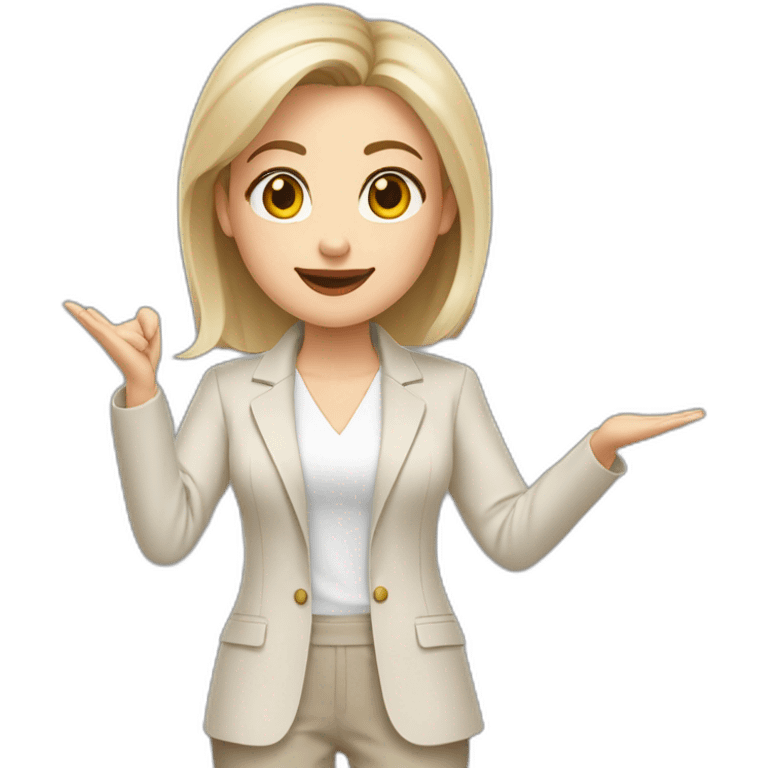 Full height Actively gesturing with hands pale skin woman with ash blonde Straightened bob Hair, White Spacious classical jacket, beige palazzo Arrow pants and gray blouse emoji