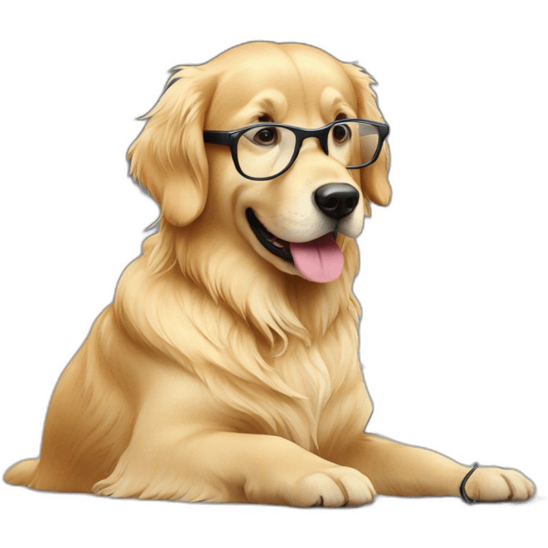 A beautifull golden retriever with glasses and personnal computer emoji