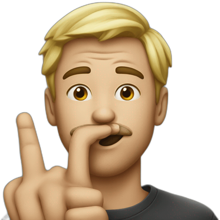 A guy with his finger in his mouth making the silence sign emoji