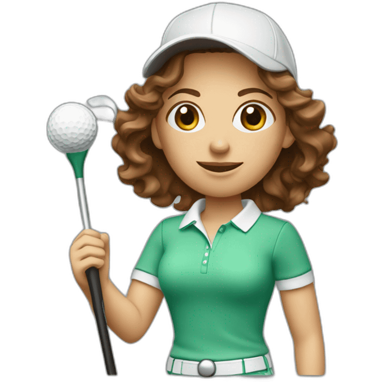 female with brown wavy hair dressed in golfwear with golf club and golf ball emoji