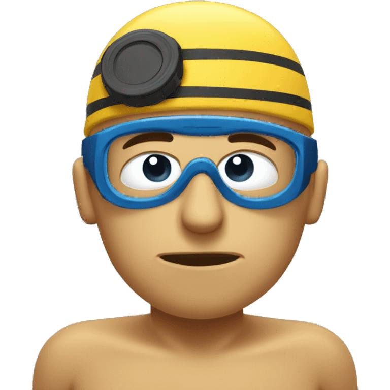 Swimming in terrible mood and very tired. Swimmer is in the swimming pool. he has swimming cap and goggles on his forehead emoji