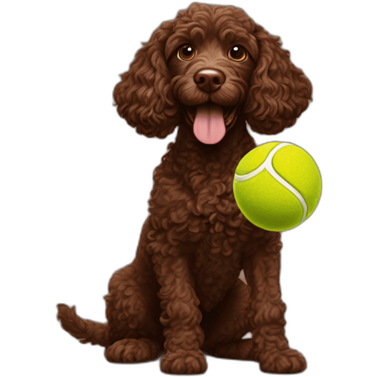 A chocolate colored curly doodle dog juggling three tennis balls emoji