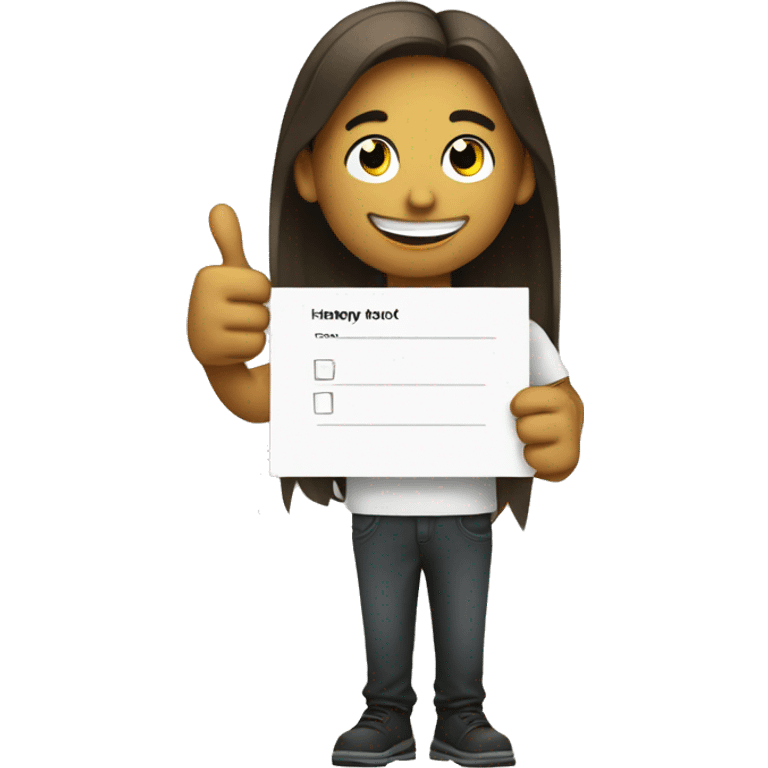 A young person holding a feedback form featuring a happy face emoji and giving a thumbs-up, symbolizing positive feedback emoji