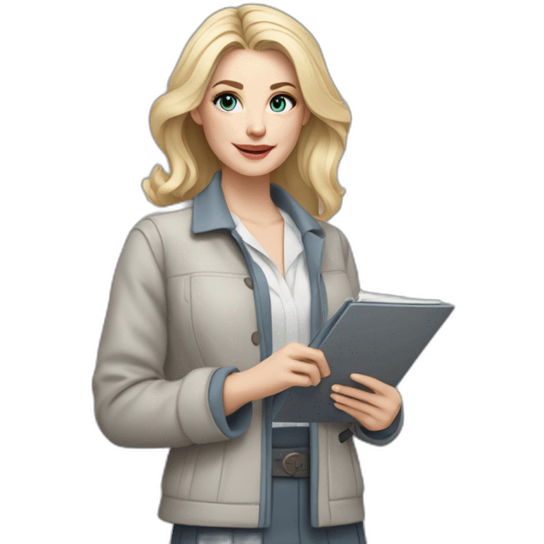 pale skin woman interior designer with cold blonde middle length hair, blue eyes, White blouse, Gray oversize jacket, Gray skirt holding a color palette in the hands emoji