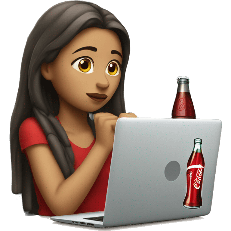 tired girl with laptop drinking coca-cola emoji