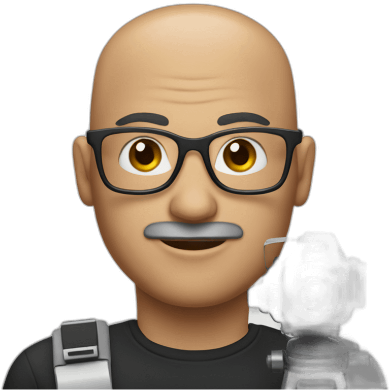 man without hair, a black mustache and large glasses holding a video camera emoji