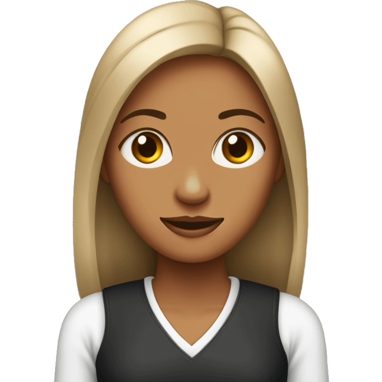 mujer parada jóven pelo largo lasio negro.ojos  marron, ropa casual. con una laptop emoji