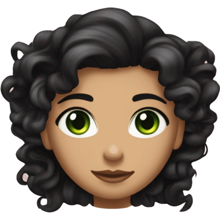 long curly black hair,eyes with a hint of green, eyes positive  canthal tilt ,medium thick shaped eyebrows , and medium thin lips, round face shape, soft jawline, full body, teen, sensual, american emoji