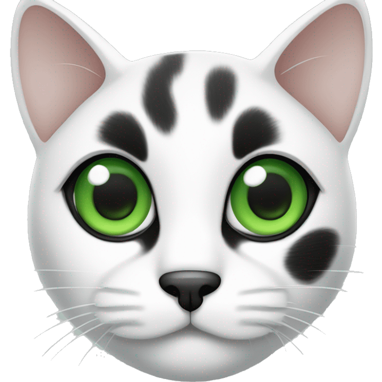 Black and white cat with green eyes, black dots on both ears and only one eye with green eyes emoji