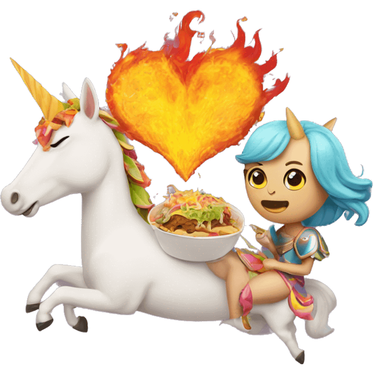 two women eating tacos, riding a unicorn, surrounded by a heart made of fire emoji