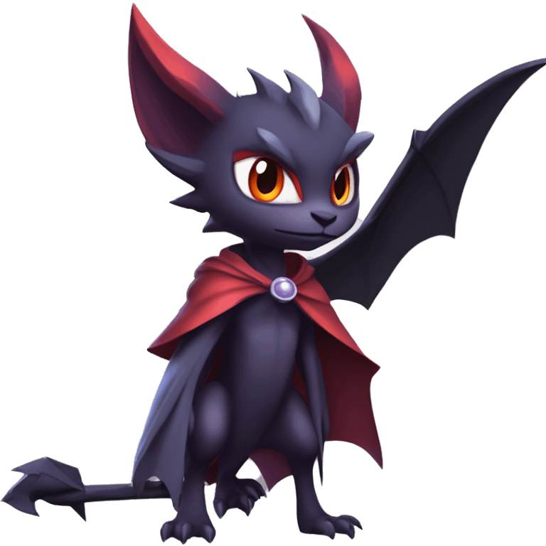  Anthro Kawaii Edgy Cool Vampiric Demonic Beautiful Noivern-Nargacuga-Litten with big Bat Ears and wearing a cape full body emoji