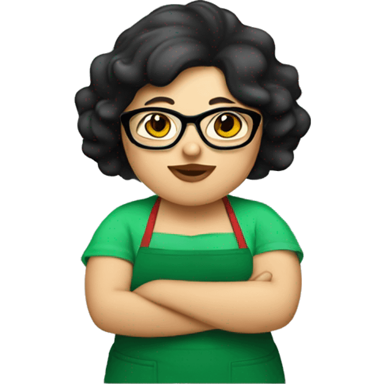 chubby lady with black hair green apron  with glasses cooking tacos emoji