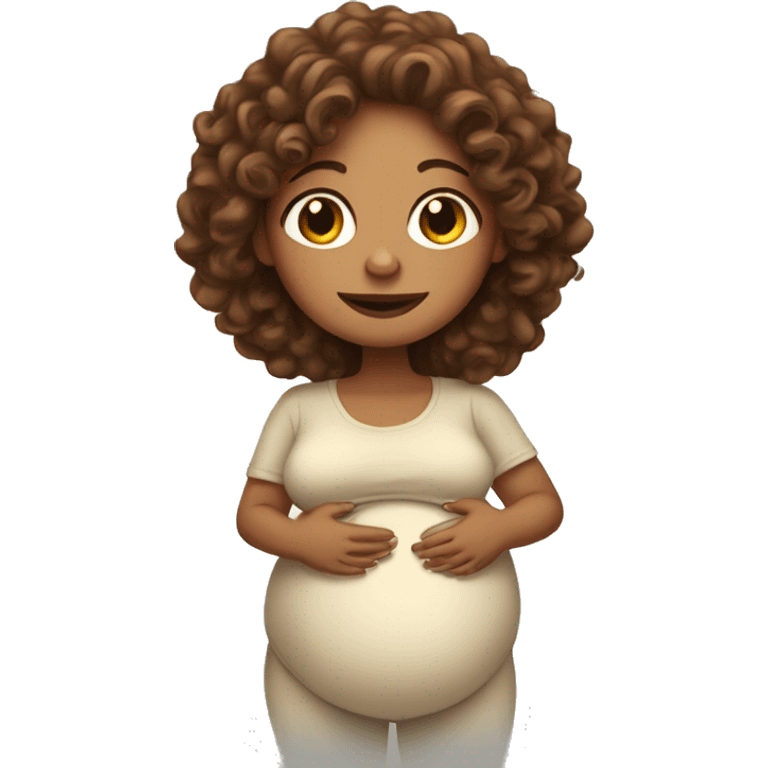 Pregnant white lady with long, brown, curly hair holding her belly emoji