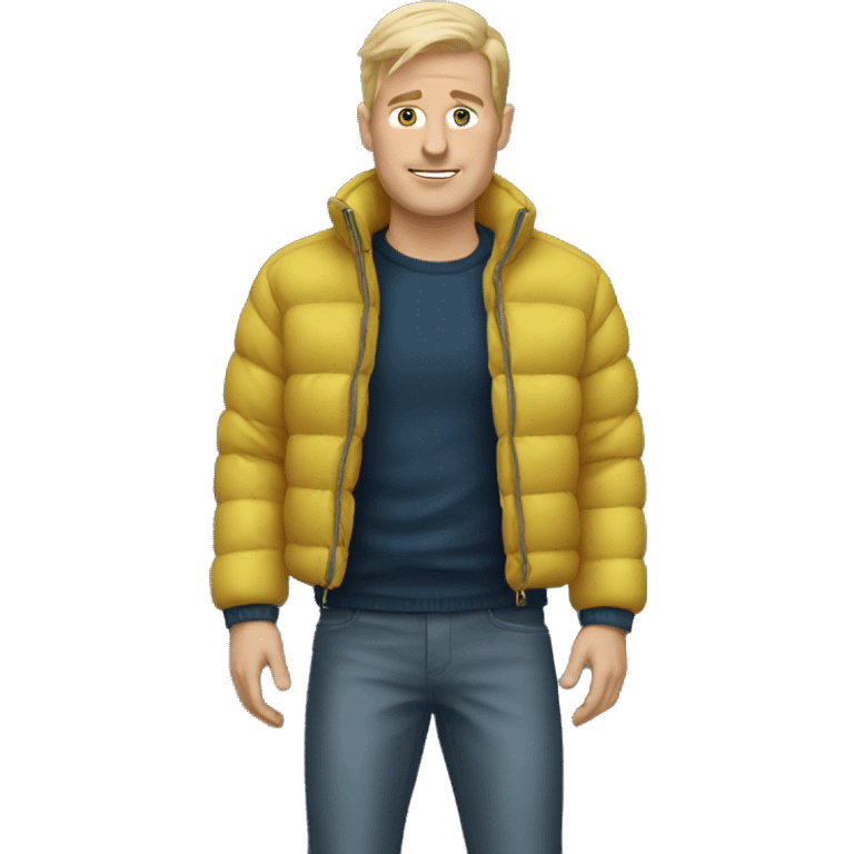 Blonde white man man wearing a puffer jacket and puffer pants emoji