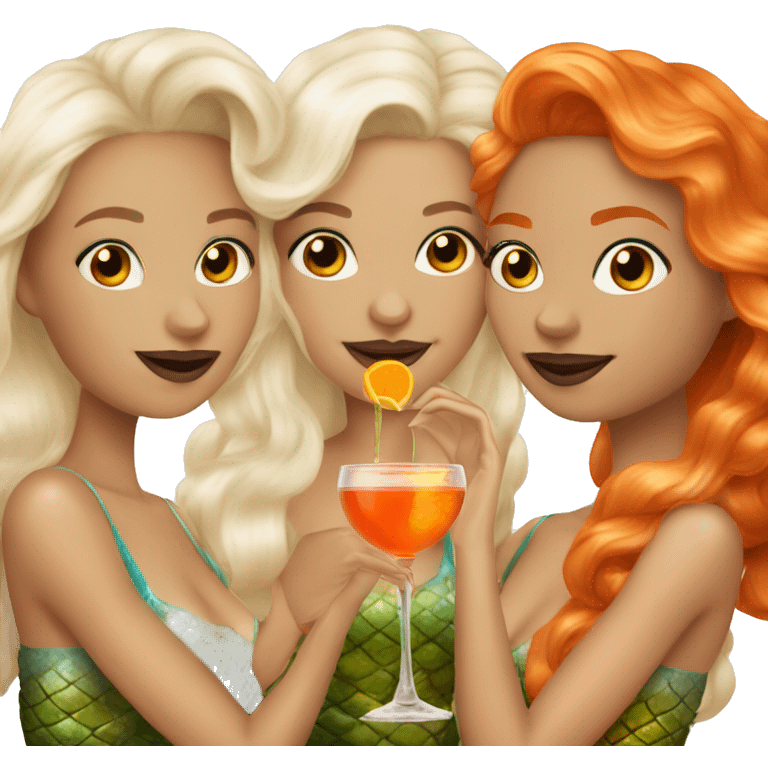 Three beautiful mermaids (light skin) drinking aperol emoji