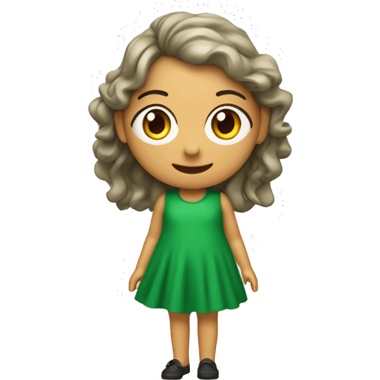 Crie uma ilustração 3D de um O personagem com vestido verde, cabelos pretos curtos e liso, pele clara, olhos levemente puxados. emoji