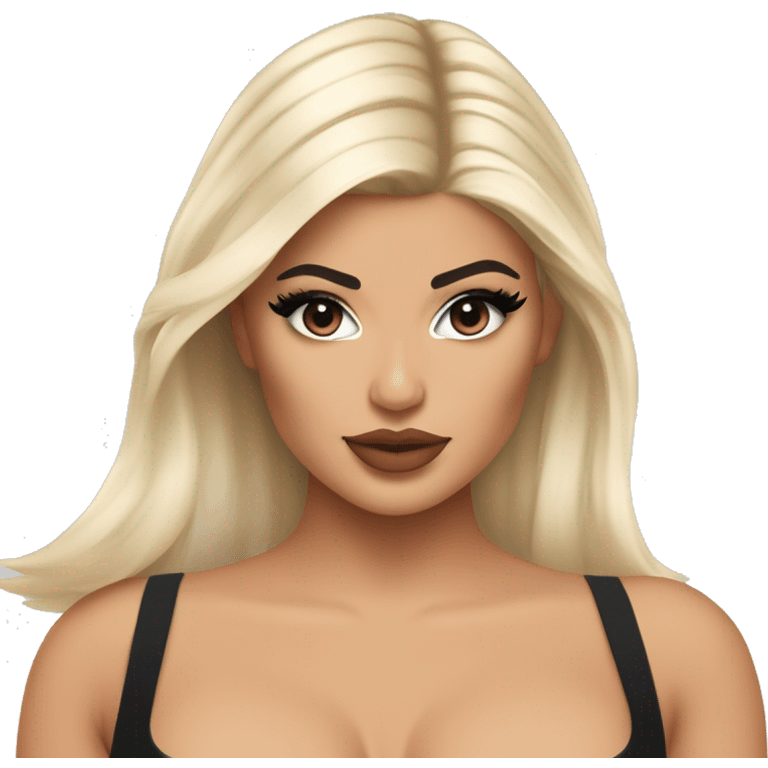 Emoji of Kylie Jenner with blonde hair in a black mini dress with bra, confidently pointing forward with a stylish, influencer vibe emoji