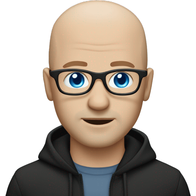 bald white guy with blue eyes, stubble, glassses. black clothes emoji