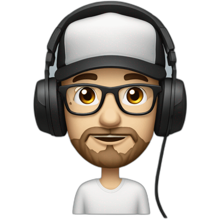 scruff white man in a backwards baseball black hat and rectangle glasses wearing headphones with microphone - brown hair emoji