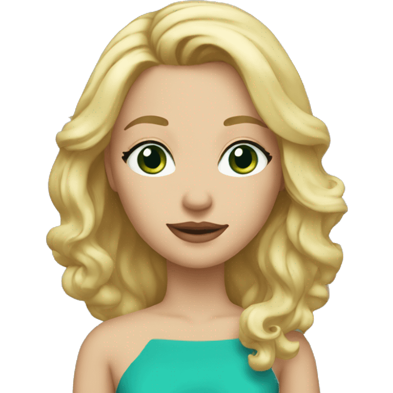 blonde hair 40 year old woman, should length hair, blue eyes, green dress emoji