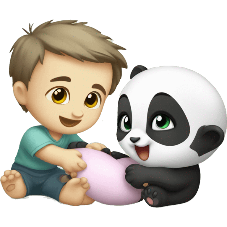 small cute kitten playing with baby panda emoji