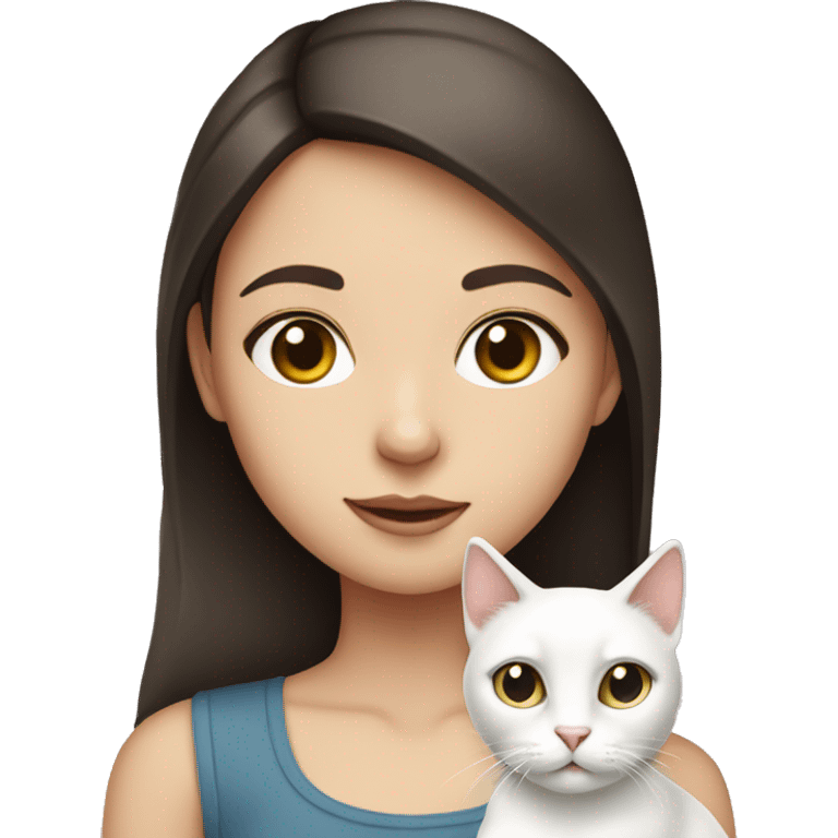 brunette girl holding white cat with heterochromia  eyes emoji