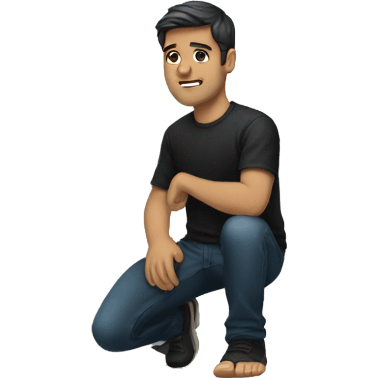 White male kneeling, dark hair black shirt emoji