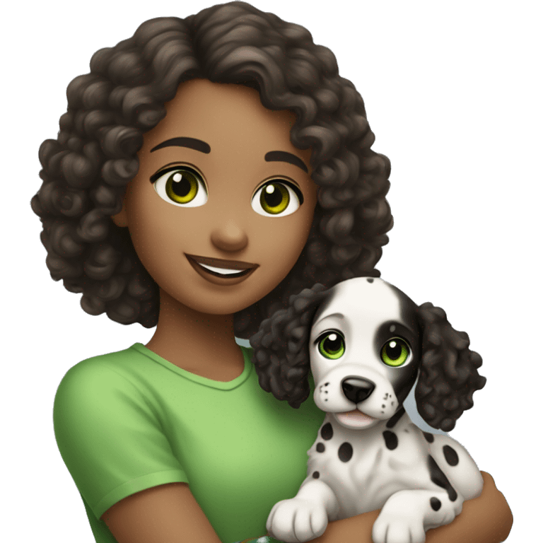 Girl with dark brown curly hair and green eyes is holding Dalmatian puppy emoji