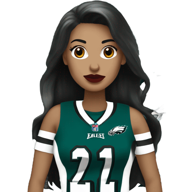 White female long dark hair red lips wearing Philadelphia Eagles jersey emoji