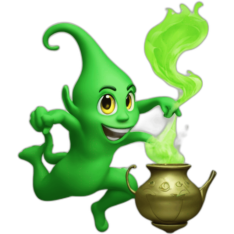 green genie coming out of a genie lamp, environmentally friendly, smoke emoji