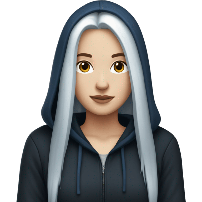 white girl with long straight dark blue hair wearing black hoodie emoji