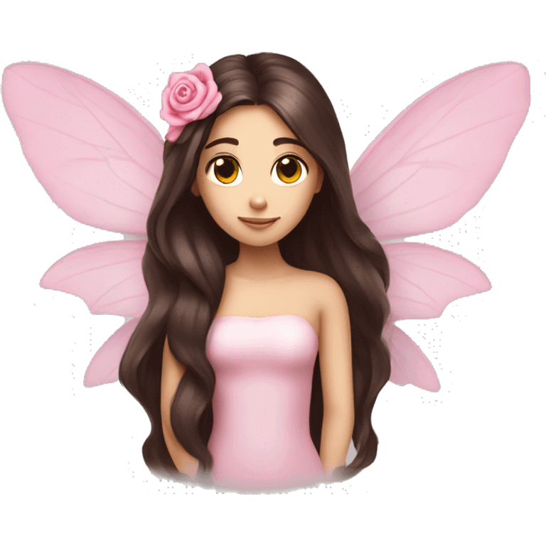 Beautiful, rose, fairy, pink, long dark brown hair, big wings, fair skin emoji