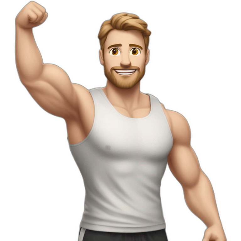 Close up Actively gesturing  with hands Pale skinned Fit Man With the biceps and brown hair in dark gray Sleeveless Mike, black oversize sports shorts, watch and white Sneakers emoji