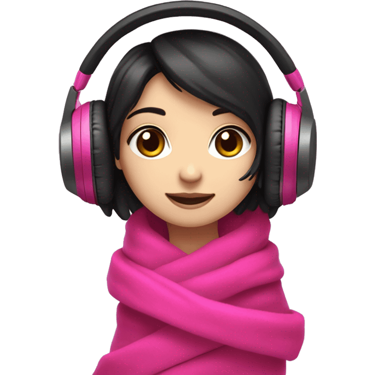 Girl with pale white skin, brown eyes, and black hair wearing hot pink gaming headphones, blanket wrapped around her emoji