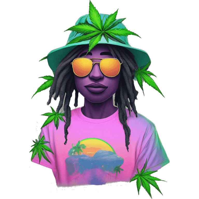 Hemp leaves Multicoloured neon person smoking wearing hoodie dancing hip hop bucket hat tropical Skater fashion aesthetic baggy clothes graphic t shirt 420 emoji