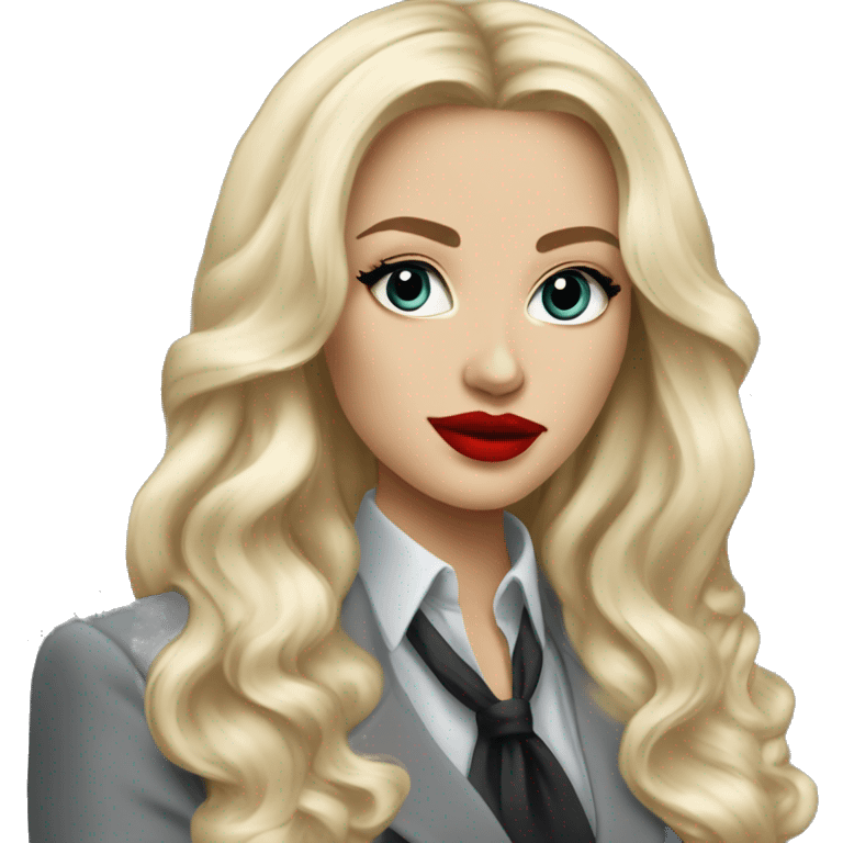 Russian Blonde long hair with big red lips small nose and black eyes Tiffany diamond seller in a grey suit emoji