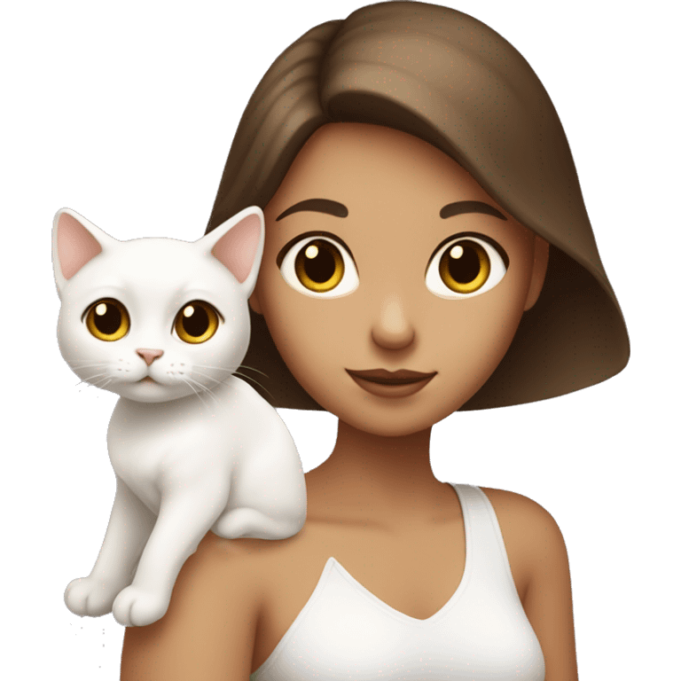 White tanned girl with brown hair holding a White cat  emoji