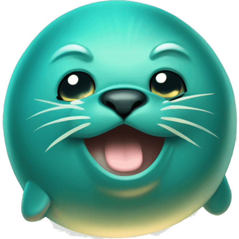 teal-coloured seal pouting with light rays exploding out from behind emoji