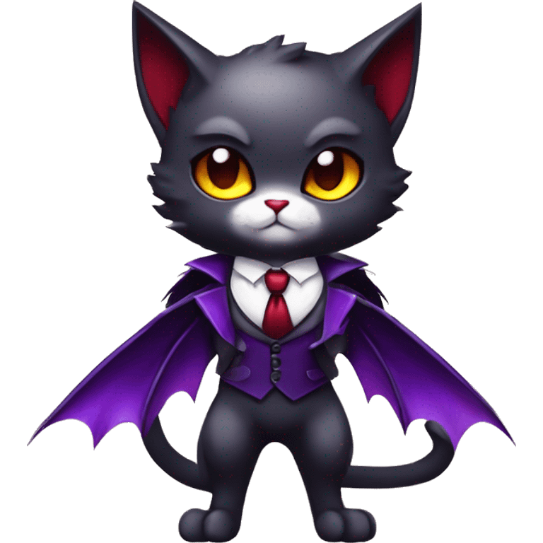 Cute-Evil-Vampiric-Batty-Cat-Black-Purple-Red-Yellow-Contrast-Colors-Fantasy-Fur-Sona-Chibi-Shiny-Fakémon-Hybrid with horns and big fangs neck bow white tie leg spats full body emoji