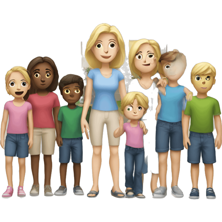 White mom standing in front of house with kids emoji