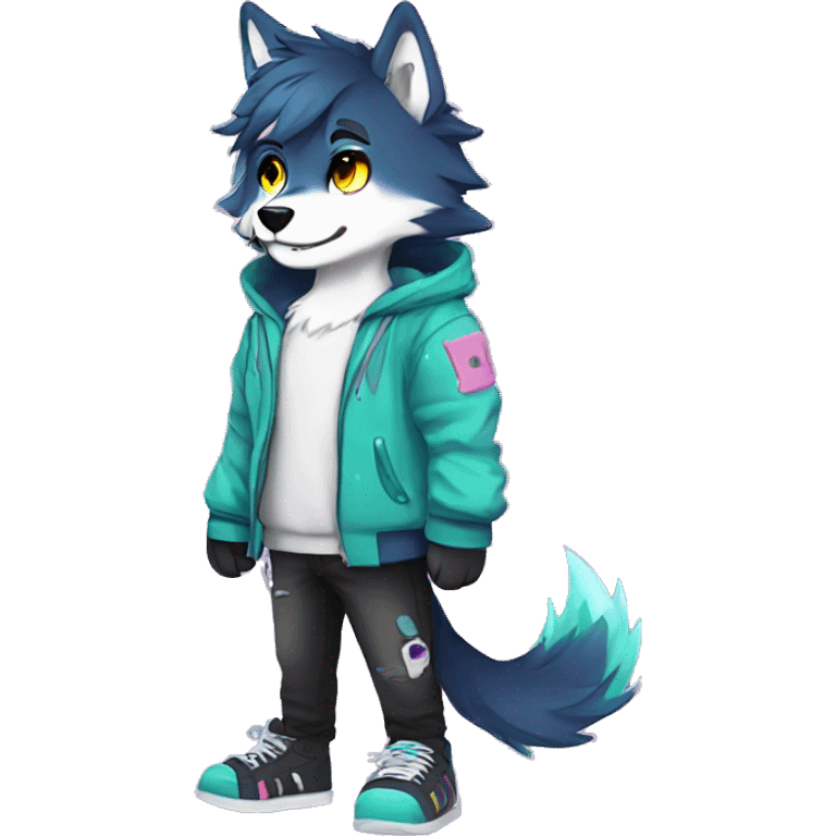 Colorful emo-Sparkle-wolf-fursona full body emoji