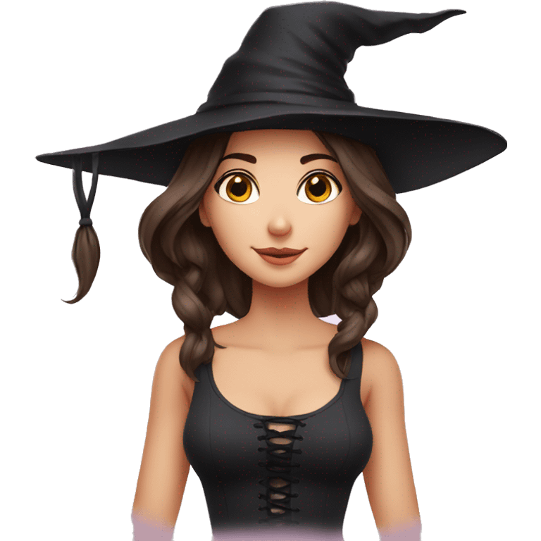 European girl, beautiful brunette, witch emoji