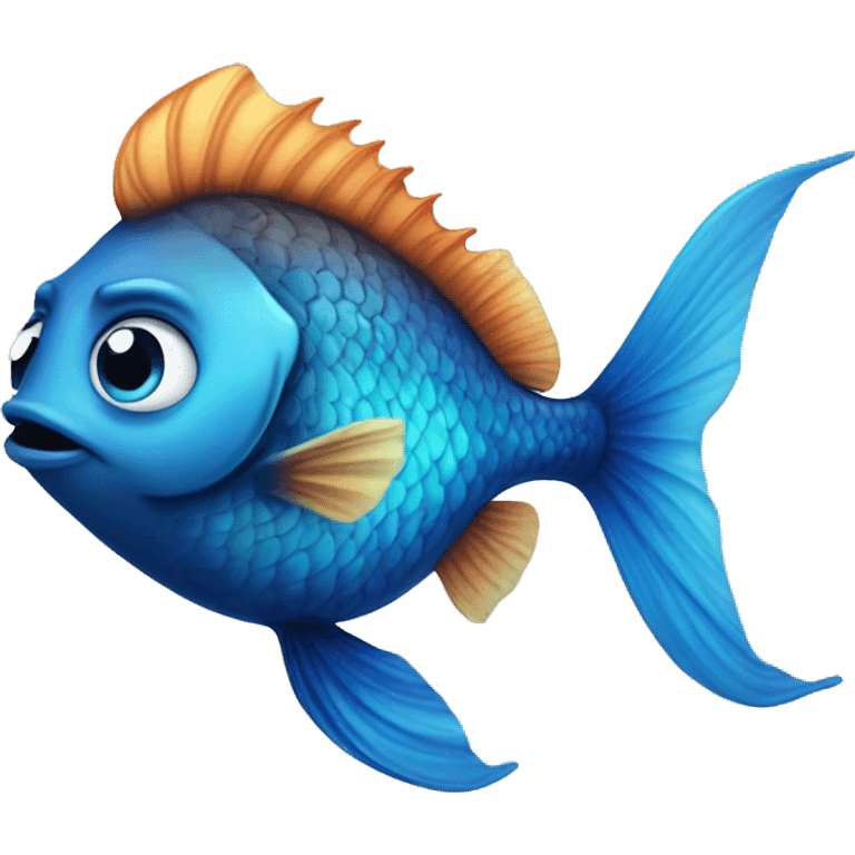 Super handsome fish with dar wavy hair and a beard and blue eyes viewed drom the side emoji