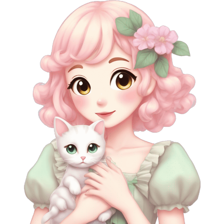 Gorgeous pastel anime style lady with blushing face and holding a kitten cottagecore fairycore pastelcore colorful pearly romantic simplistic aesthetic trending style emoji