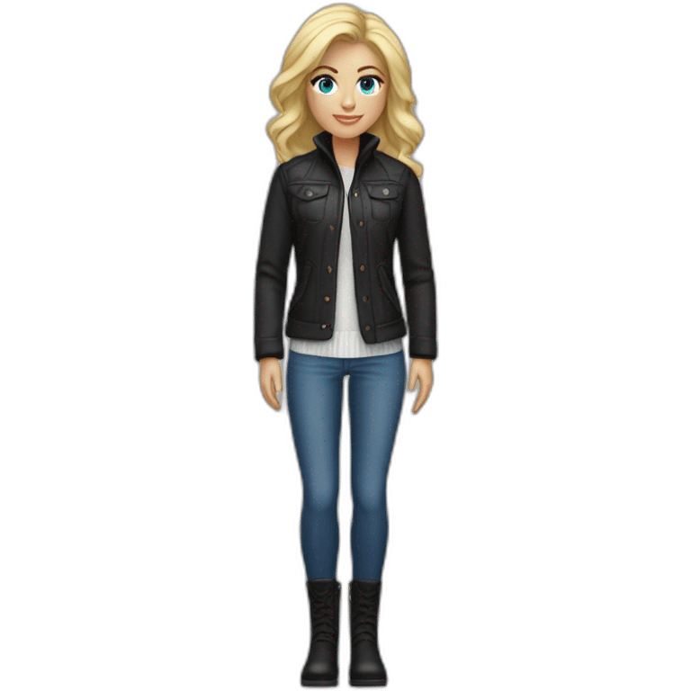 blond tall blue eye female designer with sports jacket and white turtle neck sweater black boots and blue jeans emoji